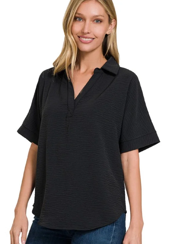 Willow Airflow Collared V Neck Top Black