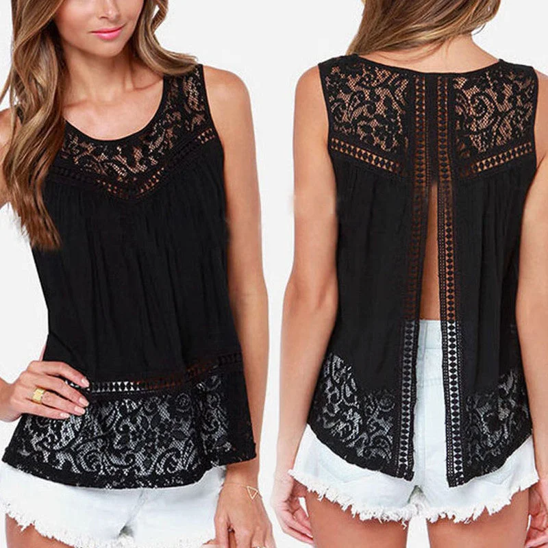 Fashion Summer Women Hollow Out Crochet Lace Tank Tops Casual Sleeveless Tee Shirt Beach Loose Top Black