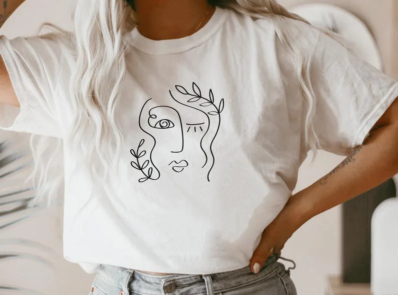 Floral Girl  Line Art- MINIMAL : Unisex Half-Sleeve T-Shirt