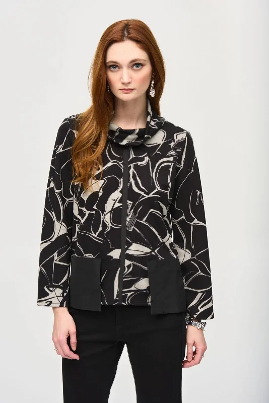 Joseph Ribkoff Black/Beige Abstract Print Mock Neck Top 243188