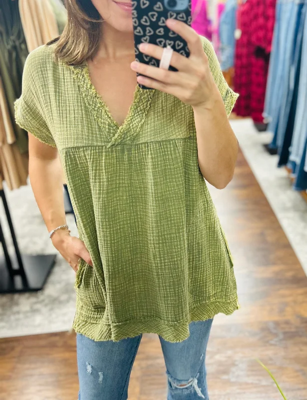 Leslie Washed Raw Hem Top Olive