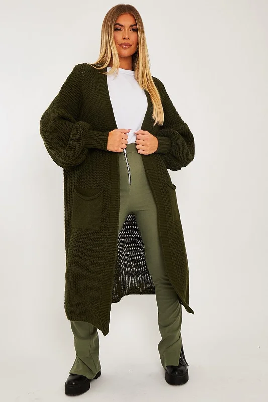 Khaki Balloon Sleeve Maxi Knit Cardigan - Imara