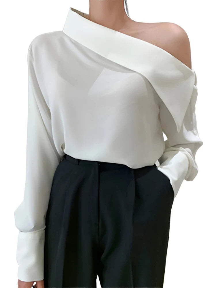 Elegant Office Korean Style Lady One Shoulder Sexy Wild Women Spring Summer Cold Blouses Shirts Tops