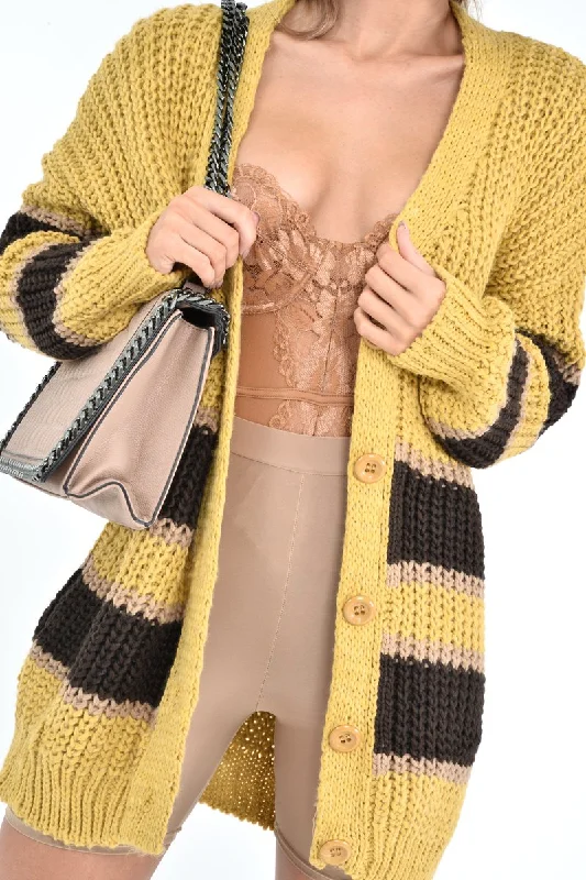 Mustard Brown Colour Block Chunky Knit Cardigan - Brionna