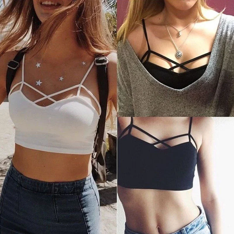 Sexy Women Cut Out White Bra Bustier Crop Top Bralette Strappy Crochet Cropped Blusas Bandage Halter Tank Tops Camisole Z1