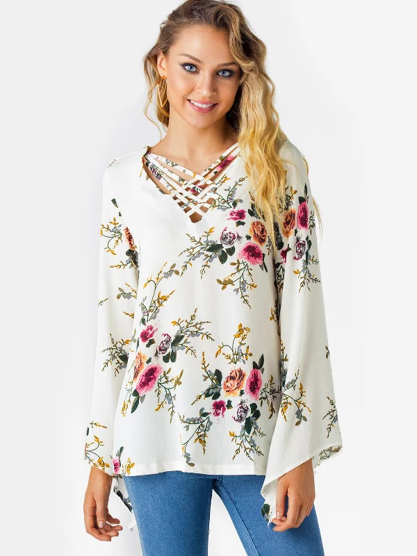 Custom V-Neck Floral Print Crossed Front Long Sleeve White Top