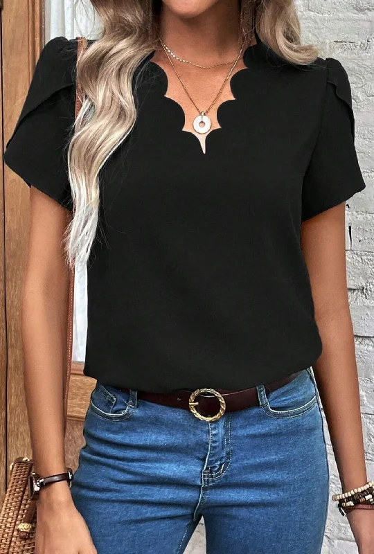 Black Scallop Neckline Petal Sleeve Top