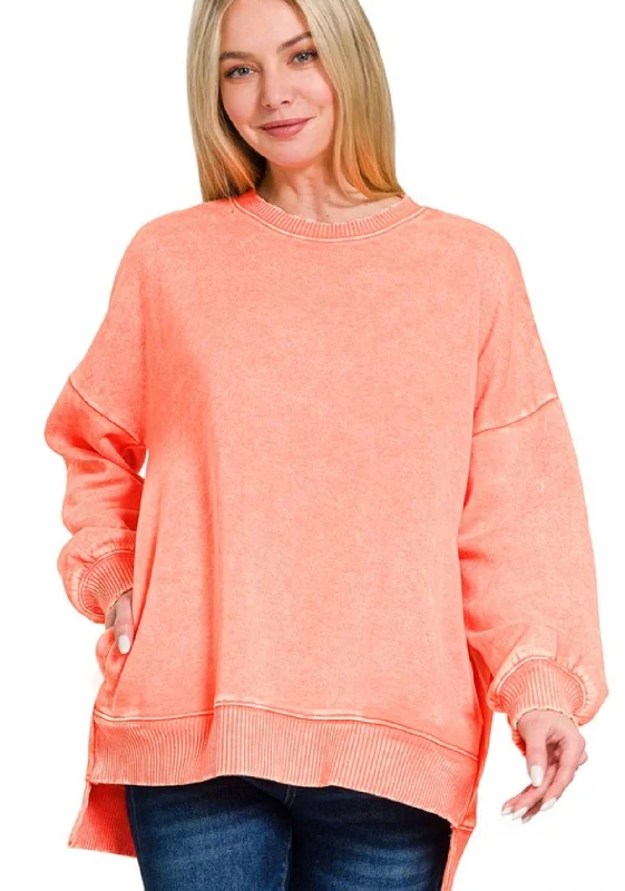 Acid Wash Fleece Hi Lo Hem Sweatshirt Coral