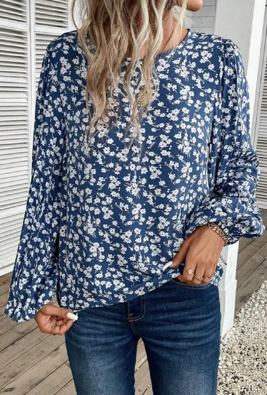 Blue Floral Print Balloon Sleeve Top