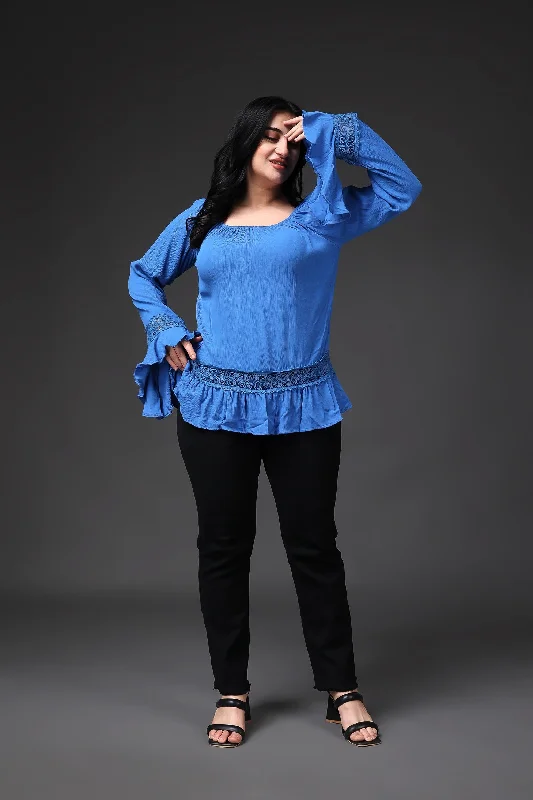 Blue Solid Top with Stylish Sleeves