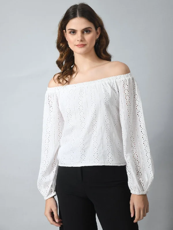 SMERA MART Women's Schiffly 100% Cotton Off Shoulder Crop Top