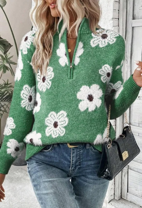 Green Floral Half Zip Sweater Pullover