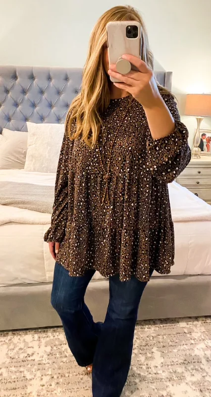 Mocha Dotted Ruffle Top