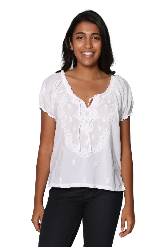 La Cera White Embroidered Short Sleeve Peasant Top